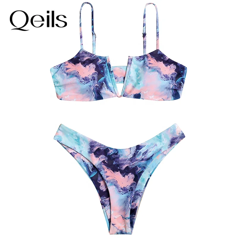 

2021 Sexy swimwear V neck tie dyed split Swimsuit beachwear Bikini wholesale