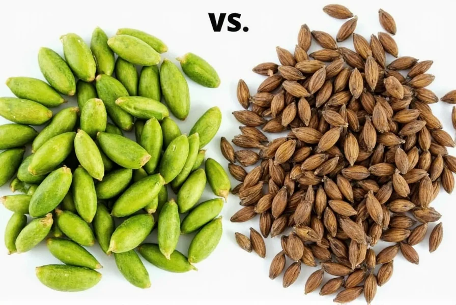 Comparison of fresh vibrant green cardamom pods versus stale brownish pods showing quality difference