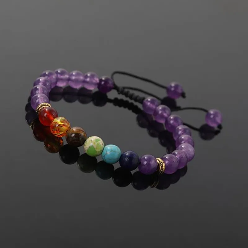 

Braided Rope Natural Stone Yoga Beads Bracelet Lava Rock 7 Chakras Bracelets, White black red blue purple