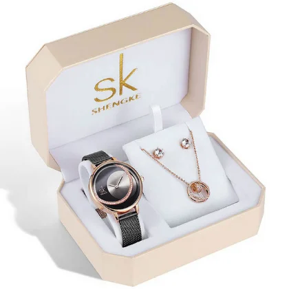 

SHENGKE Black Plated Jewelry Wacth Gift Set Dazzling Diamond Earing Necklace Accessories Gift Watches Sets