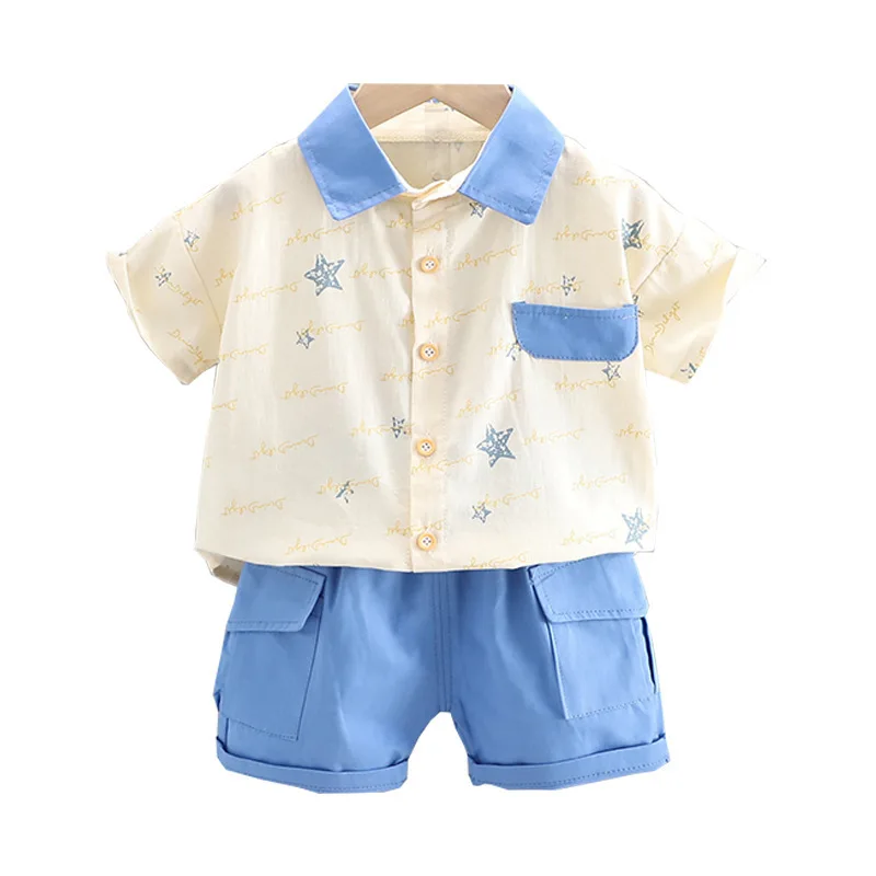 

2021 new Baby thin summer clothes wholesale 1-4 boys western style lapel short-sleeved shirt suit Boys sets, Yellow,blue,green