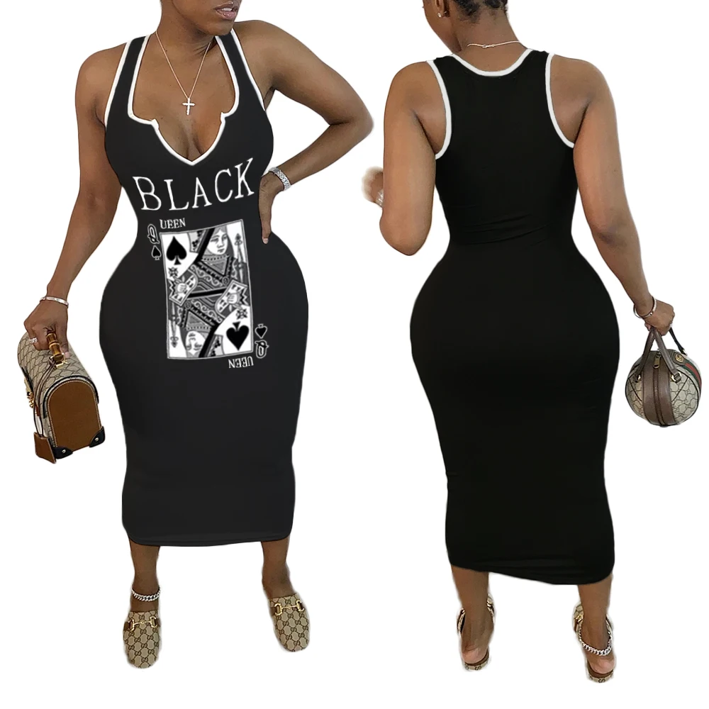 

2021 Fashion Sexy Ladies Summer One Step Dress Print Sleeveless V-neck Pullover Large Size Mid-length Skirt, Picture color