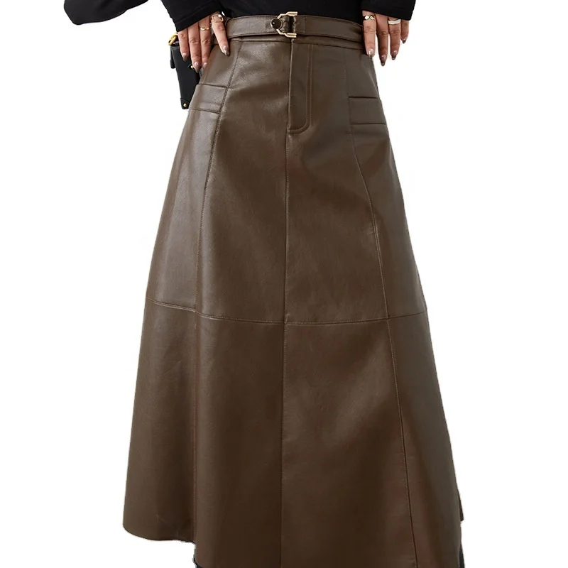 

Autumn and winter French vintage mid-length skirt temperament solid color PU leather skirt fashion high waist package skirt