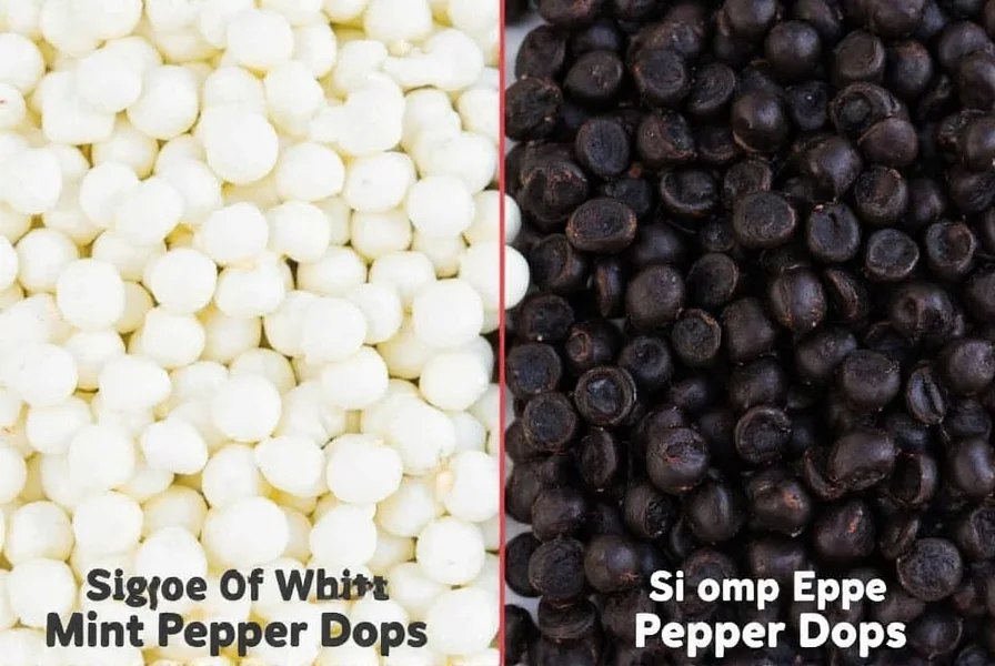 Side-by-side comparison of white mint pepper drops and black spicy pepper drops candies showing visual differences