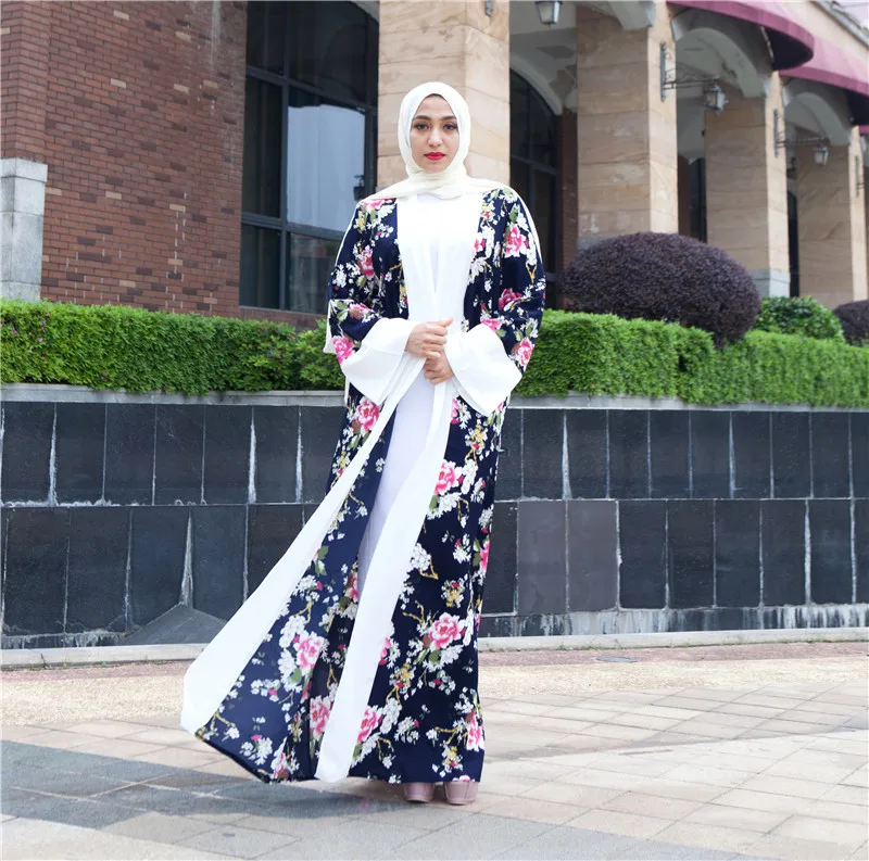 

fashion muslim stylish floral joint color open abaya muslim kaftan