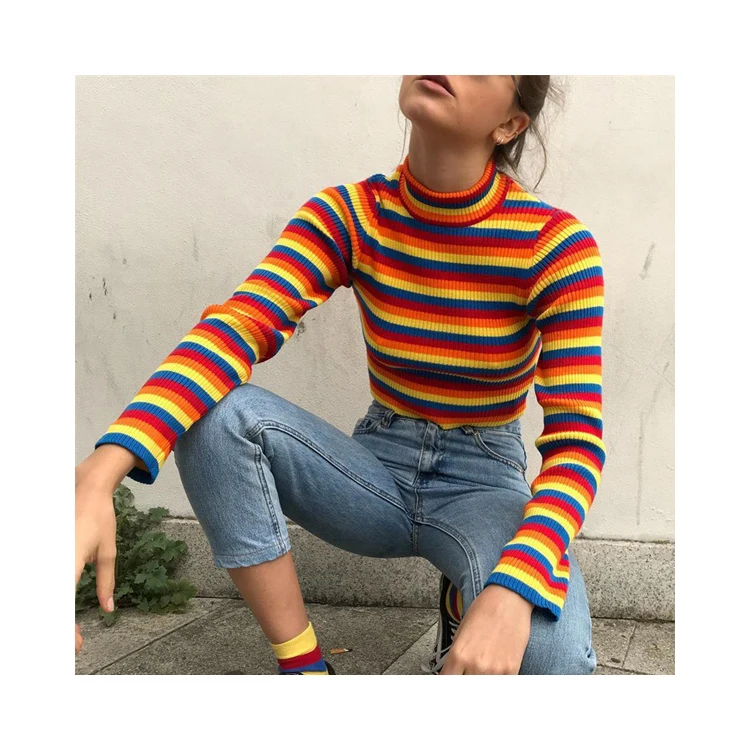 

colorful striped slimming pullover knit turtlenecks women Crop sweater