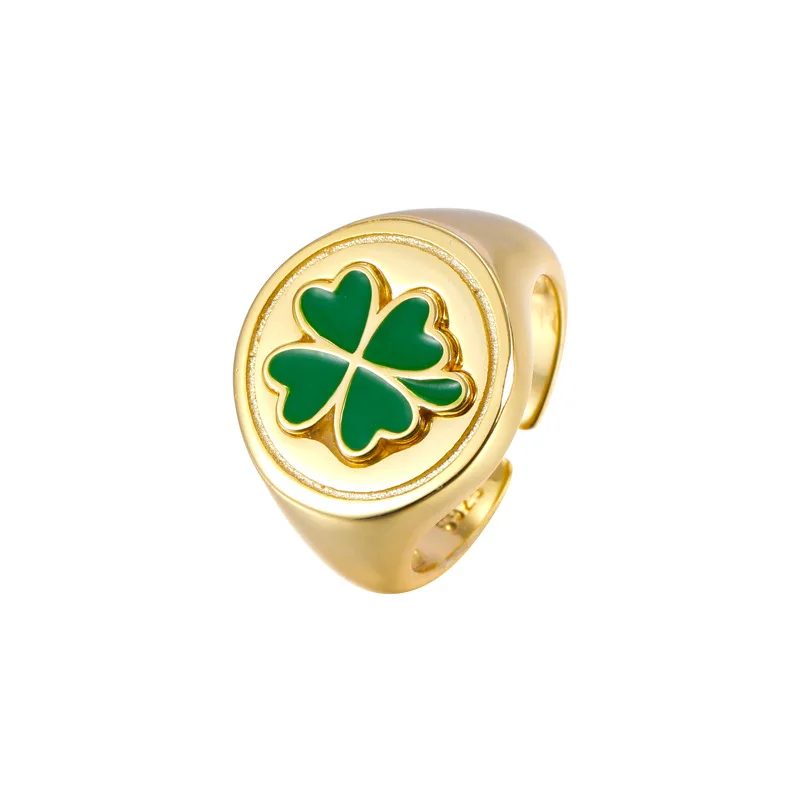 

Daidan Epoxy Four Leaf Clover Lucky Green Adjustable Gold Plated Jewelry 925 Silver Rings