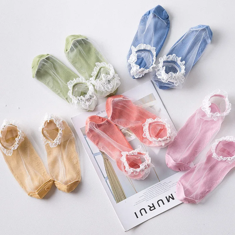 

Women Summer Breathable Crew Lace Lady Crew Glass Crystal Sexy Cotton Socks Girl Custom Design Transparent Women Socks, Custom color