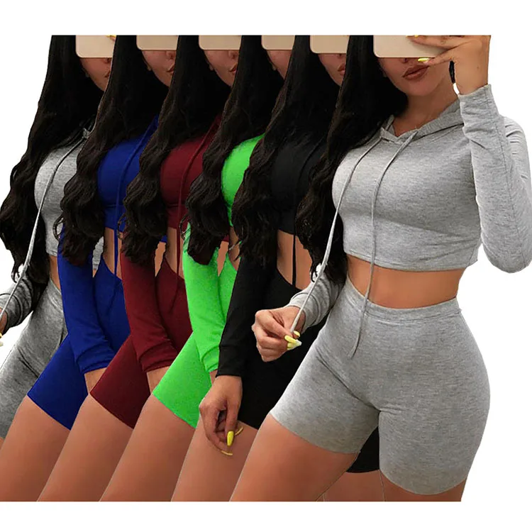 

Two piece women hooded sportswear clothing crop top short sweat suit, 6colors
