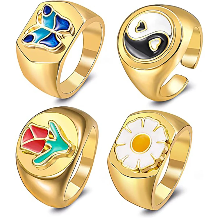 

Enamel Yin Yang Daisy Butterfly Flower Signet Polished Stacking Minimalist Statement Ring Chunky 18K Gold Plated Rings, As picture shows