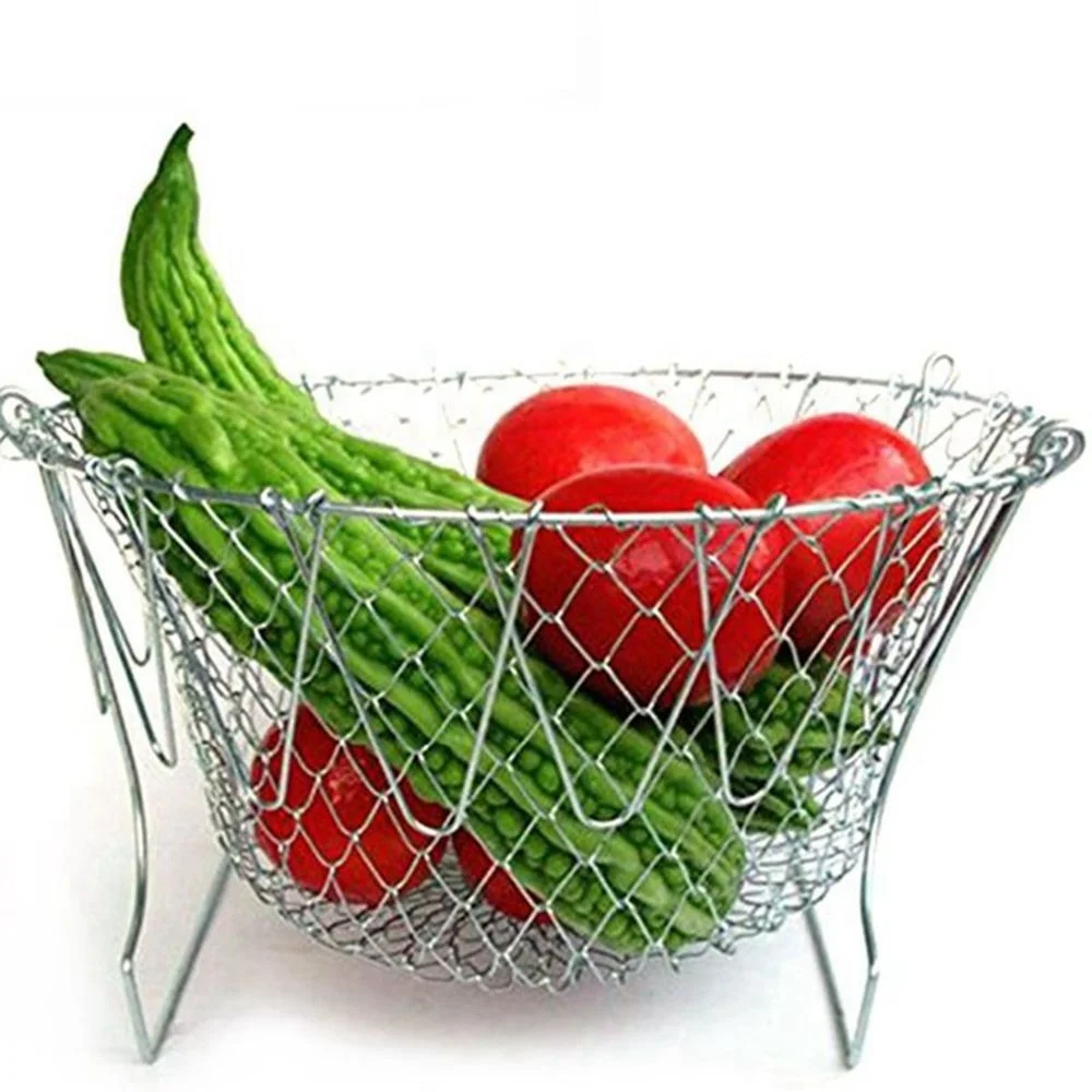 

Fry French Chef Basket , Foldable Steam Rinse Strain Stainless Steel Strainer Net Basket For Kitchen Cooking, Silver