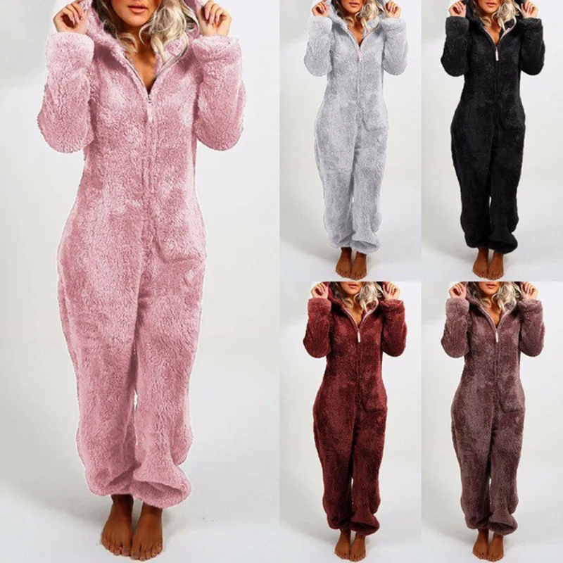 

New style wholesale thick for women winter jumpsuits zipper hoodie warm fur pajama jumpsuit