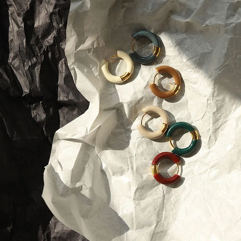 French Vintage 18K Gold Plated Colored Earrings Round Enamel Geometric Stainless Steel  Dripping Oil Hoop Earrings