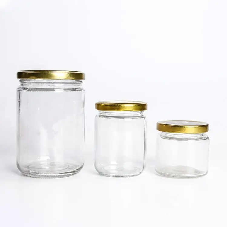

Wholesale 25ml-1000ml round shape glass jar for honey jam jelly with metal lid, Clear/customized color