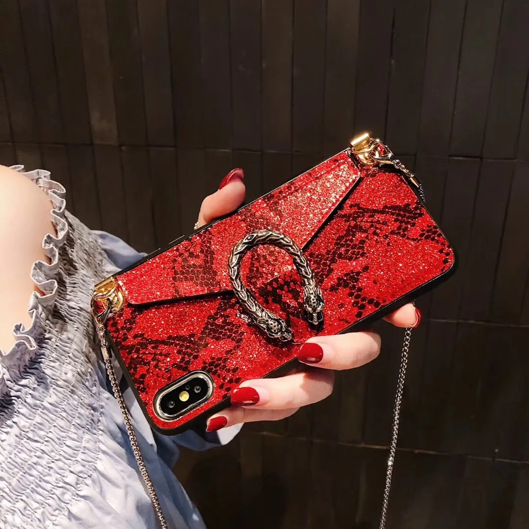 

Luxury Designer Brand Name Snake Skin Phone Case Wallet Strap Crossbody Long Chain Credit Card Slot for iPhone 11 pro XR XS Max, Colorful