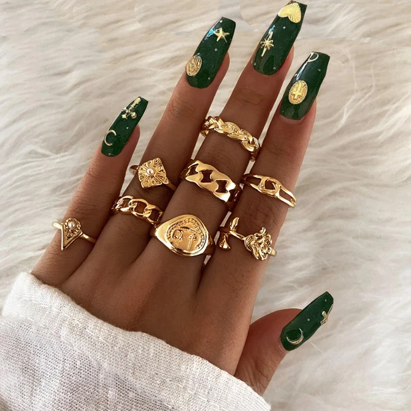 

Bohemian Gold Chain Rings Set Fashion Flower Coin Snake Moon Finger Rings Party Trend Jewelry Gift, Vintage sliver