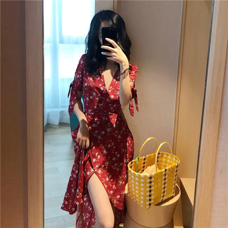 

free sample Women's beach wear dress bohemian summer Red v-neck floral print chiffon short sleeve wrap midi casual dress, Wine floral print