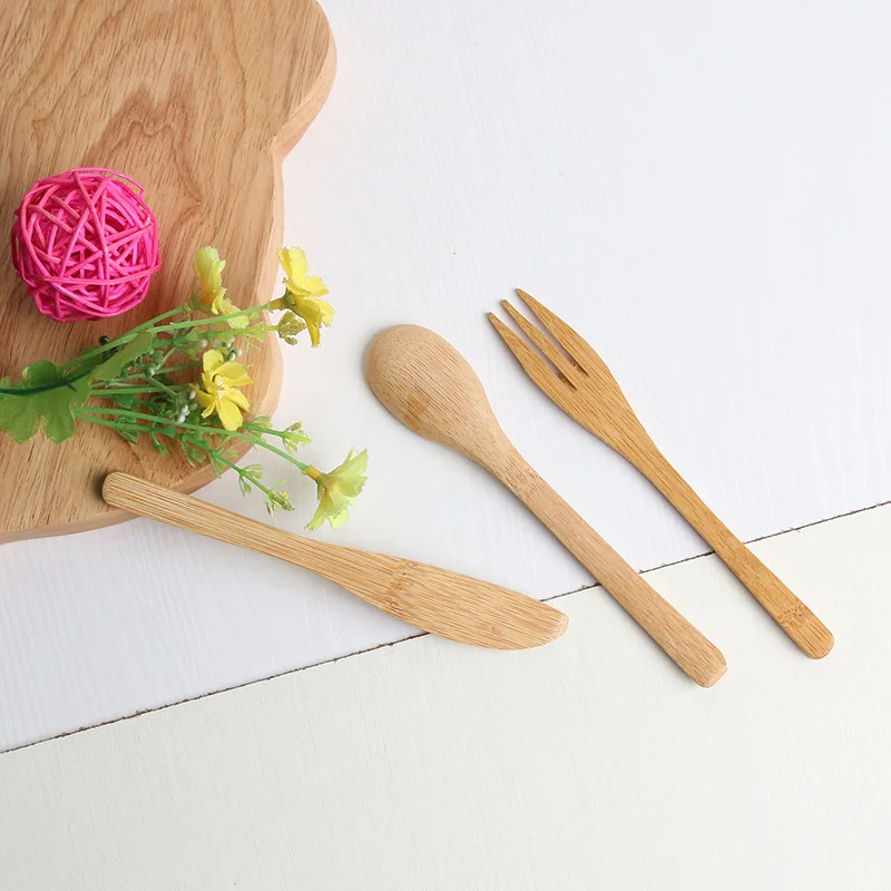 

Eco friendly 3-Piece Fork Knife Spoon Bamboo Disposable Cutlery Set Reusable Bamboo Cutlery Travel Set