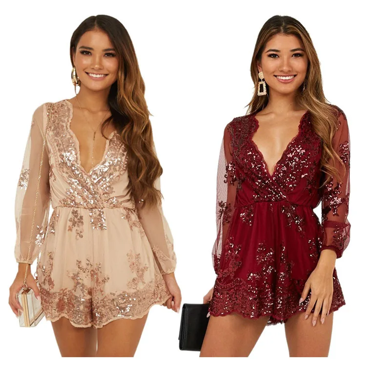 

2020 jumpsuit women Sequined Deep V Long Sleeve Lace Jumpsuit Shorts, Customized color/as show