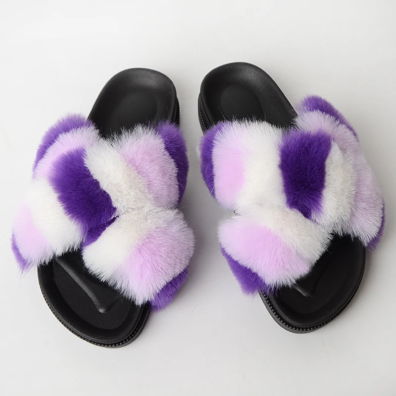 

Jtfur Wholesale Women Fur Slipper Open Toe Outside Slides Cross Stripe Colorful Faux Fur Slippers, Customized color