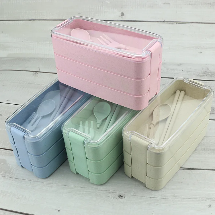

Travel Student School 3 Layer Lunch Box Stackable Compartment Wheat Straw Bento Lunch Box