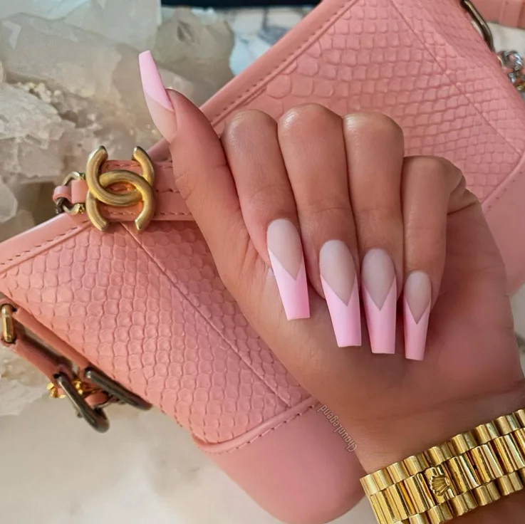 

Water pink french press on nails adhesiv matte Long Ballerina coffin nail press on nails cover