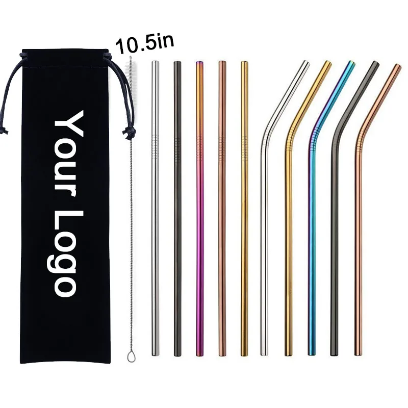 

10.5 in Metal Reusable Straws Drinking Set Bag,Stainless Steel Straw With Brush In A Pouch, Silver, black,golden,red, blue,rose gold,green,pink