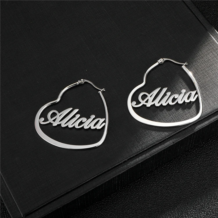 Stainless Steel Jewelry Personalized Heart Hoop Earring Custom Silver Name plate Earrings For best friend gift