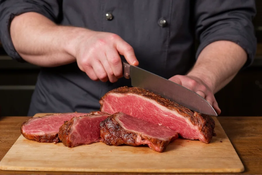 Professional chef slicing flank steak against the grain for beef pepper steak recipe