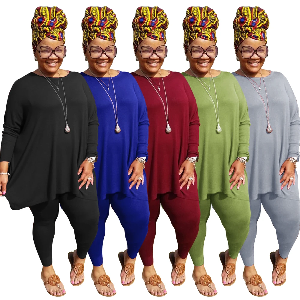 

2021 Solid Color Plus Size Loose Tops and Pants Casual Plus Size Women Clothing Two Piece Set, As pics
