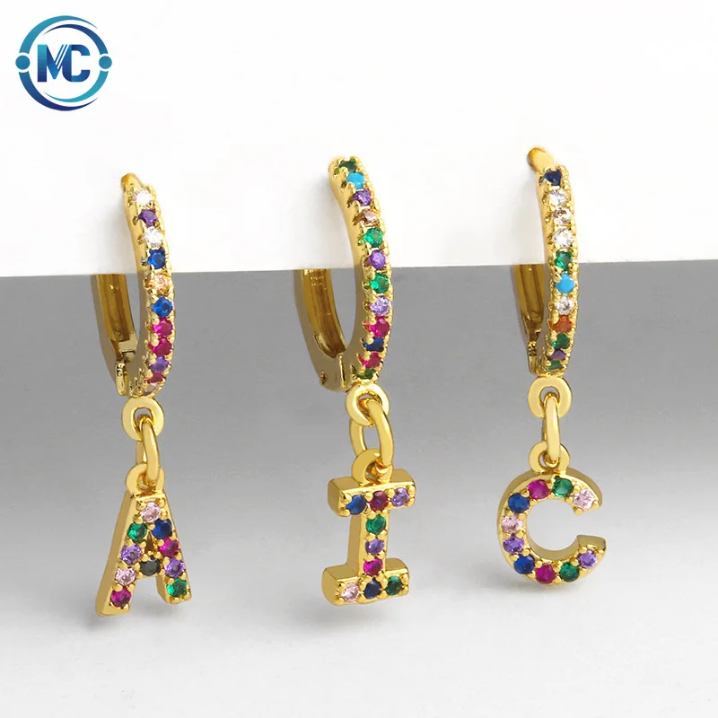 

2021 Statement Colorful Zircon 26 Initial Letter Pendant Drop Earrings For Women, Gold