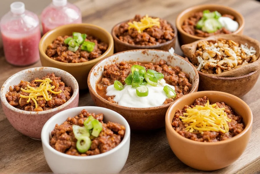 Variety of ground beef chili bowls with different toppings including sour cream, cheese, and green onions