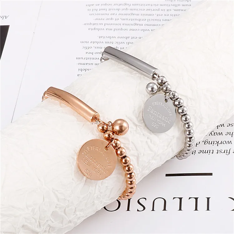 

Fashion Design Stainless Steel Bracelet Initial Letter Round pendant Wirst Beads Bracelet Women Men