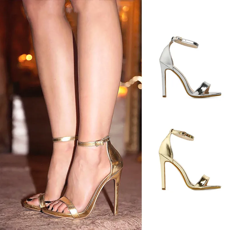 

Dropshipping Shoes Elegant Ankle Straps Heeled Sandals for Women and ladies, Gold, silver