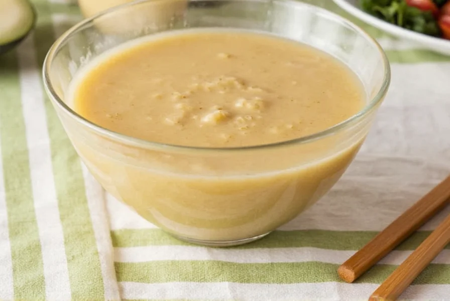 Freshly grated ginger root mixed with rice vinegar, soy sauce, and sesame oil in a traditional Japanese ceramic bowl