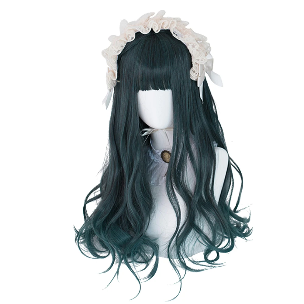 

Dark Green Synthetic Long Wavy Cool Lolita Sweet Cute Fluffy Grooming Face Harajuku Girls Cosplay Party Wigs, Pic showed