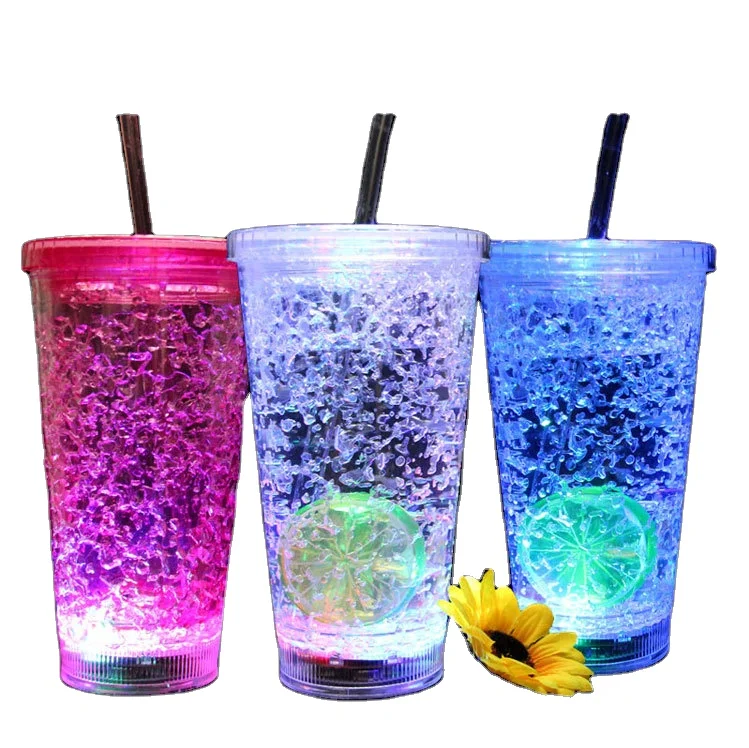 

Hot Sale 16oz LED Ice Cooling Plastic Coffee Mug Creative Summer Double Wall Gel Water Tumbler With Light, Customized color
