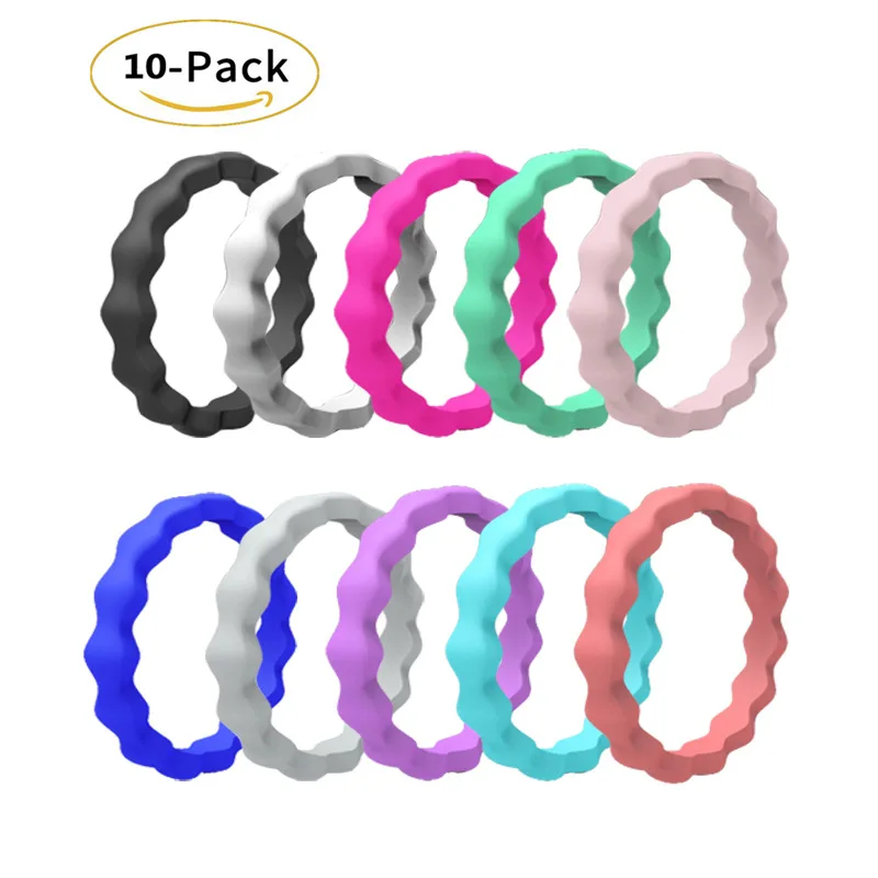 

PAVA 2022 Stackable Rubber silicone wedding ring 10pcs Wave Pattern 3mm Silicone Ring for women kids