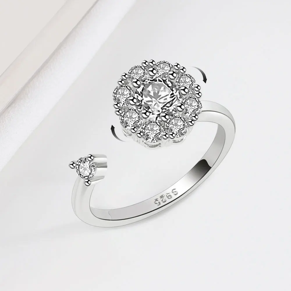 

Hot Sales Sterling silver S 925 Adjustable Zircon Rotating Ring Jewelry For Women