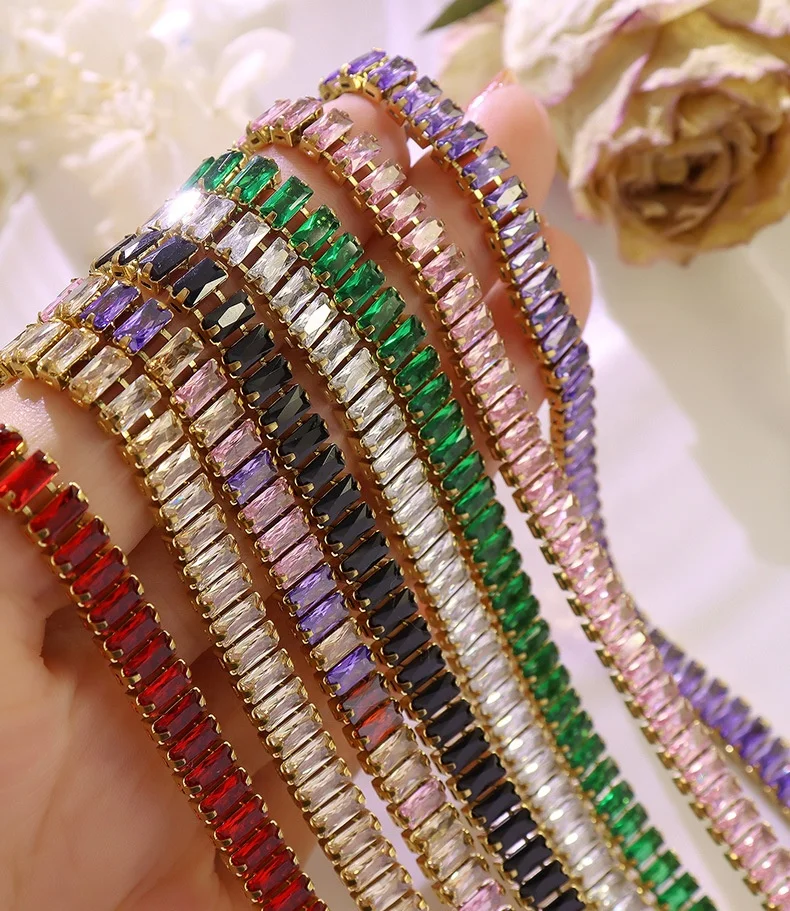 

Luxury Diamond Fine Jewelry Set Bling Stainless Steel Cubic Zirconia Baguette Choker Necklaces Iced Out Bracelet CZ Tennis Chain