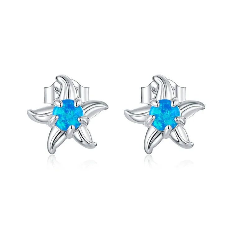 

Ocean Style Blue Opal 925 Sterling Silver Starfish Stud Earrings for Lady, White gold