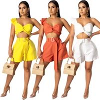 

YJ5121 trendy solid shorts and one shoulder top 2 piece set women clothing