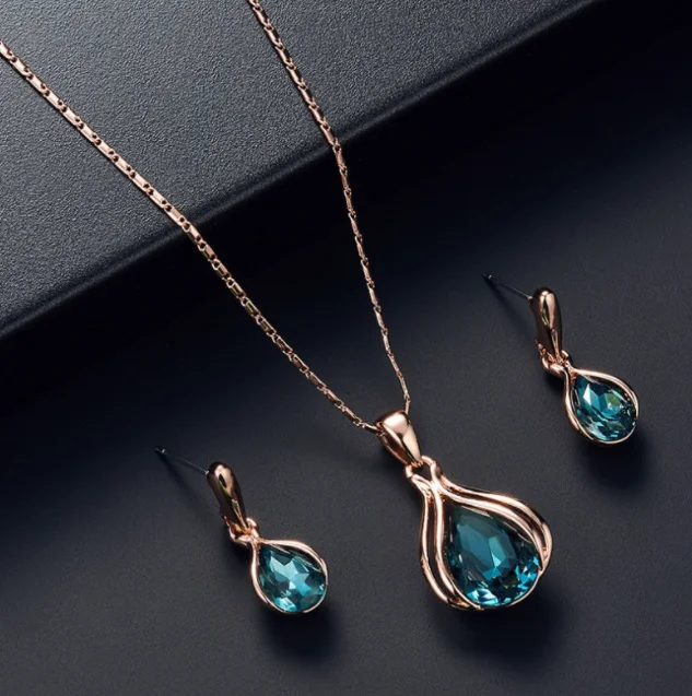 Fashion Blue Green Crystal water drop necklace bulk earrings jewelry set