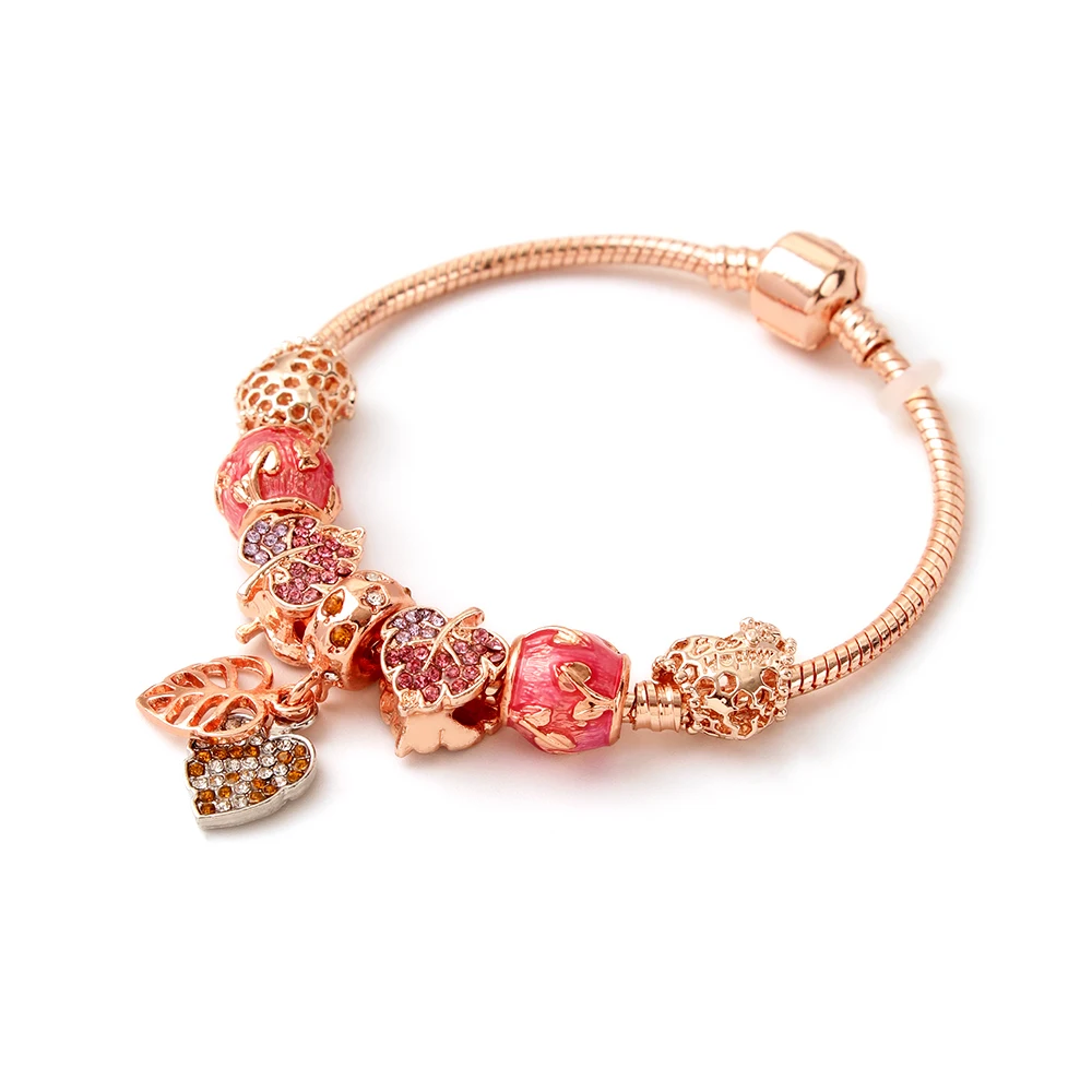 

Wolesale Rose Gold Flower Beads Charm Bracelets Purple Pink Rhinestone Maple Leaf Charm Bracelets, Picture shows