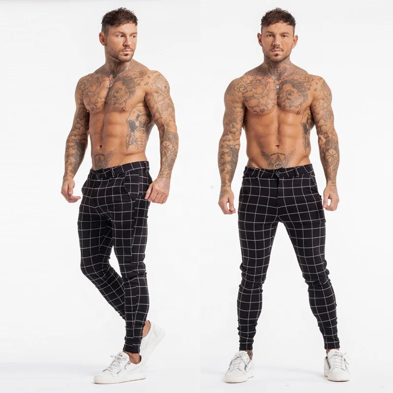 

Men's Stretch Pantaloon Dress Pants Slim Fit Plaid Print Pencil Skinny Suit Pants Flat Front Business Trousers