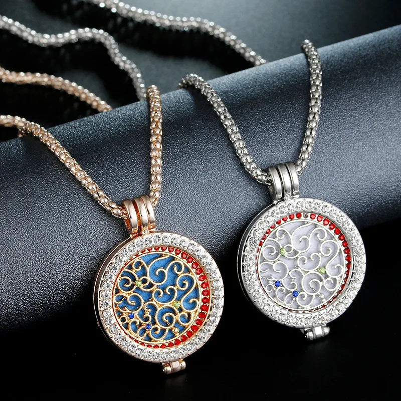 

Hot Sale Rose Gold Plated Diamond Inlay Openable Aromatherapy Perfumed Pad Jewelry Necklace Round Coin Pendent Locket Necklace, Rose gold/silver