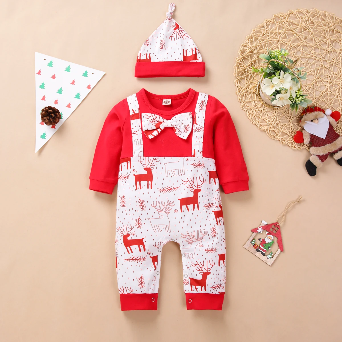 

Christmas Newborn Toddler Baby Rompers 2Pcs Unisex Bow Knot Printed Elks Suspender, Pic show