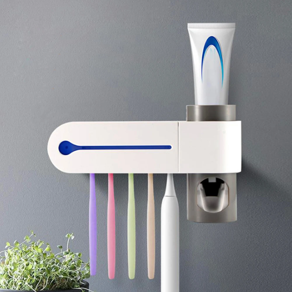 

5 Grid UV toothbrush sterilizer bathroom wall mounted toothbrush holder automatic toothpaste dispenser, White