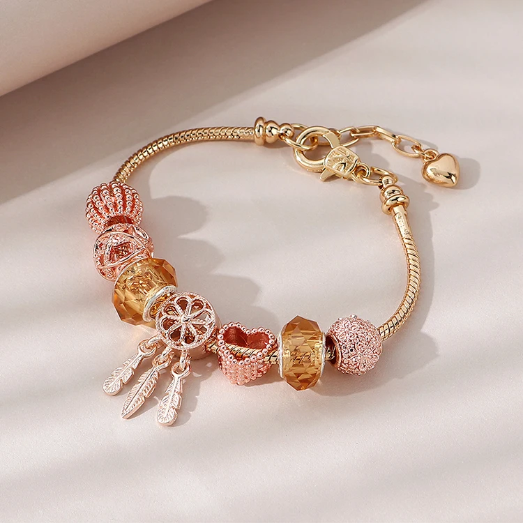 

Luxury Real 18K Gold Plated Pink Rhinestone Crystal Beads Charm Bracelet CZ Zirconia Heart Charm Bracelet For Women Party