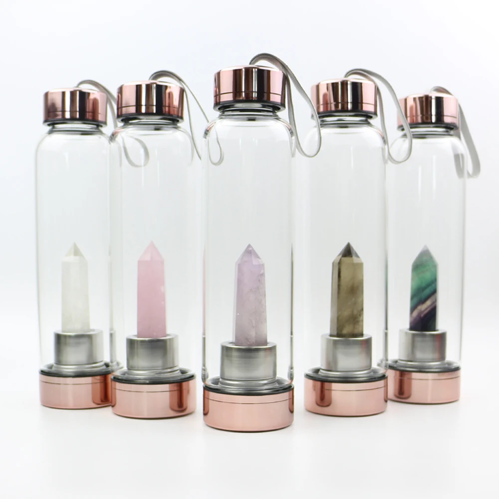 

Custom Logo Rose Gold Quartz Gemstone Energy Infused Crystal Glass Water Bottle